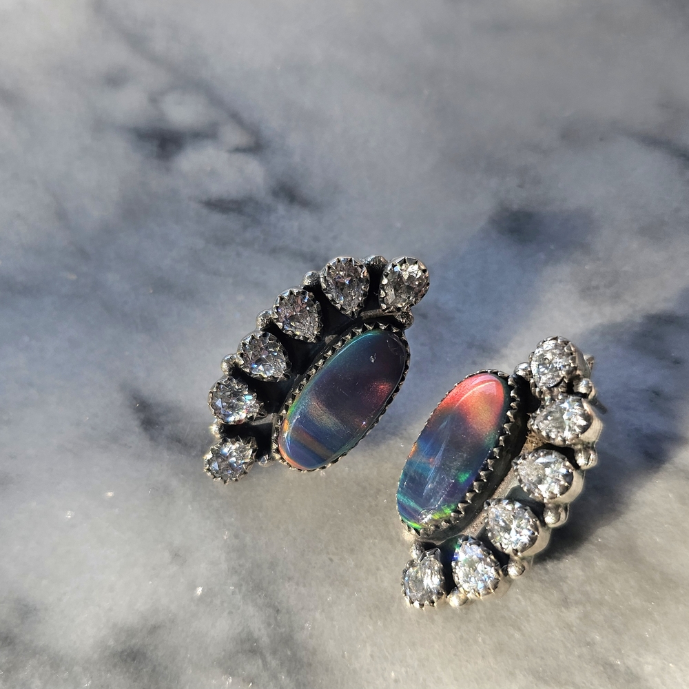Elegant Silver Crystal and Pomegranate Opal Stud Earrings